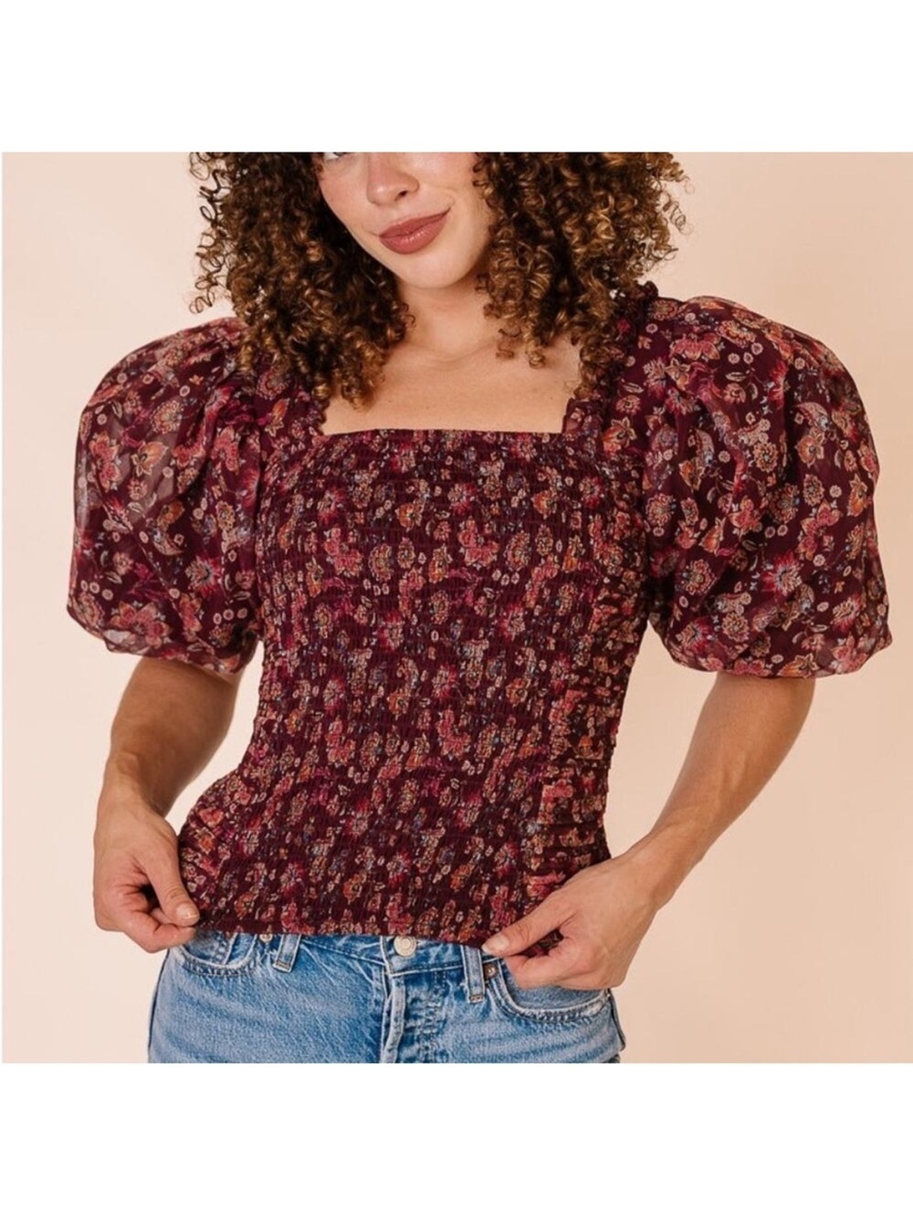 Ivy City Co Stephanie Top Dramatic Puff Sleeve Square Neck Smocked Blouse